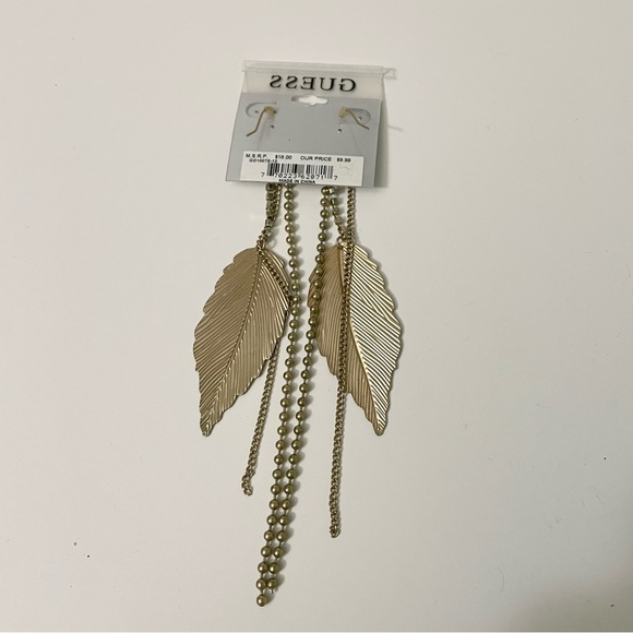 Guess Gold Tone Leaf and Chain Statement Dangle Earrings - Picture 11 of 12
